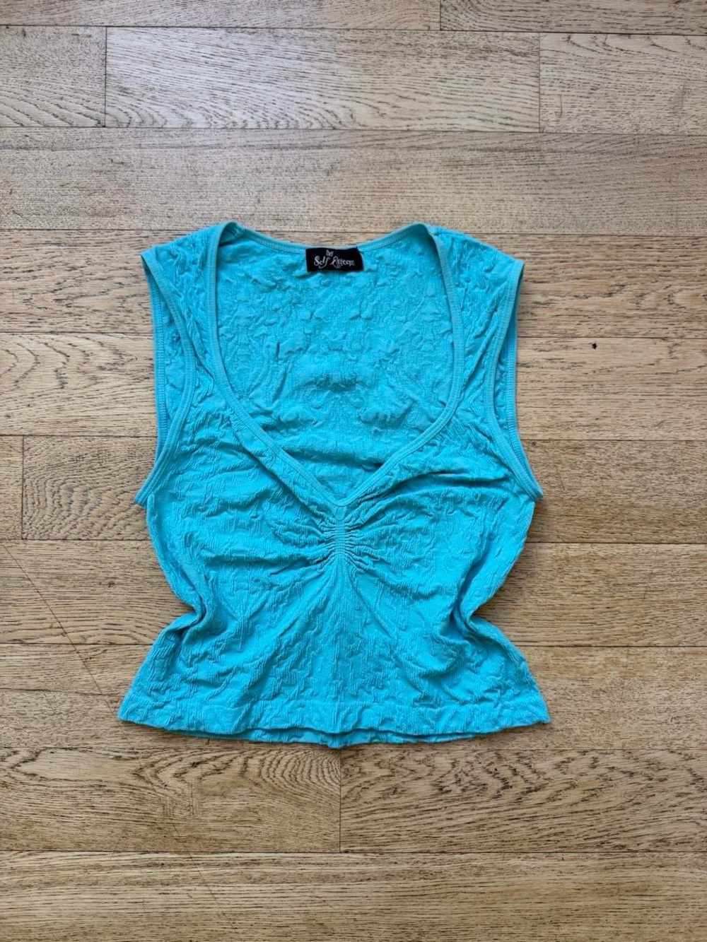Self Esteem Turquoise Ruched V-Neck Tank Top